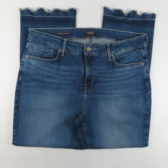 NYDJ Womens Jeans Size 12 Marilyn Raw Hem Medium Wash Straight Leg Blue Denim - Picture 1 of 10